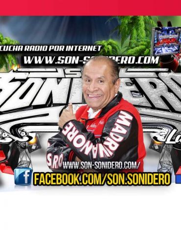 Ramón Rojo Sonido La Changa en el banner oficial de Son Sonidero Radio con logo y fondo tropical