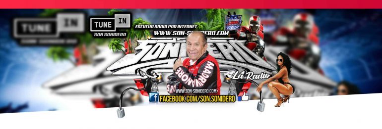 Ramón Rojo Sonido La Changa en el banner oficial de Son Sonidero Radio con logo y fondo tropical