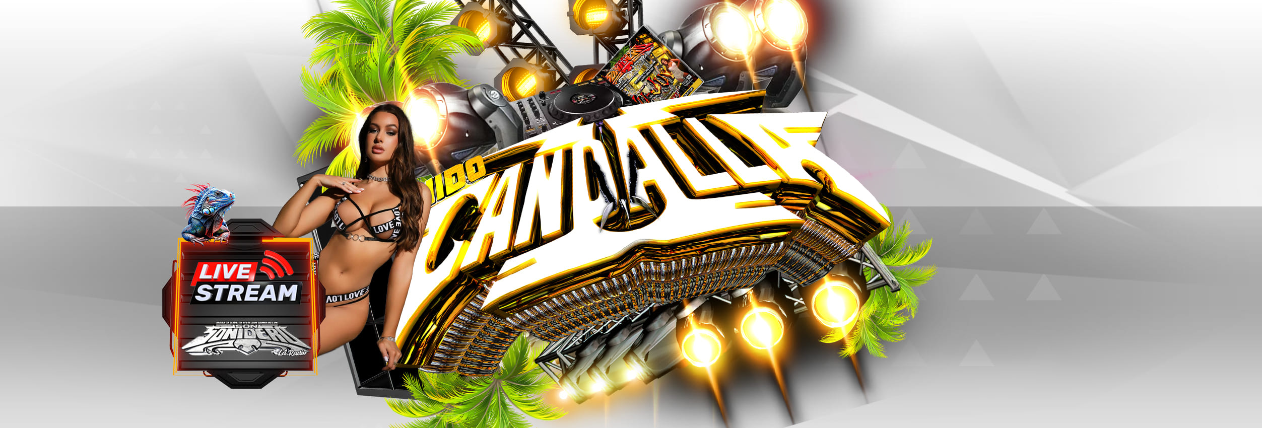 Luces escenario modelo en bikini logo Gandalla y cartel Live Stream