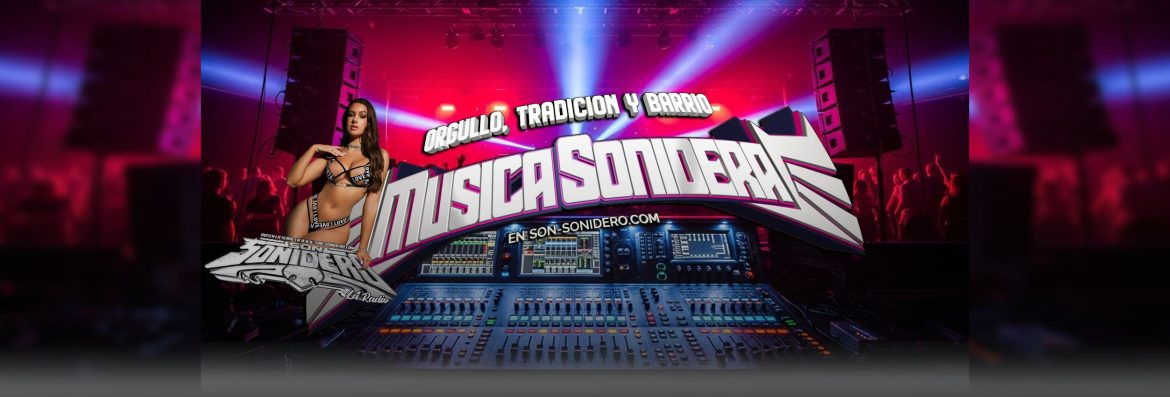 Música sonidera con consola profesional, luces de baile y diseño estilo sonidero