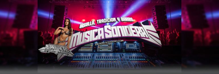 Música sonidera con consola profesional, luces de baile y diseño estilo sonidero